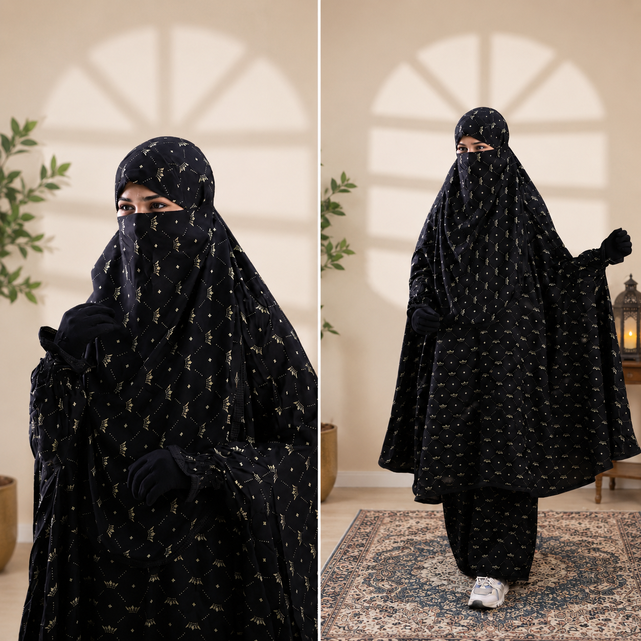 Premium Black Diamond Khimar & Pant Set