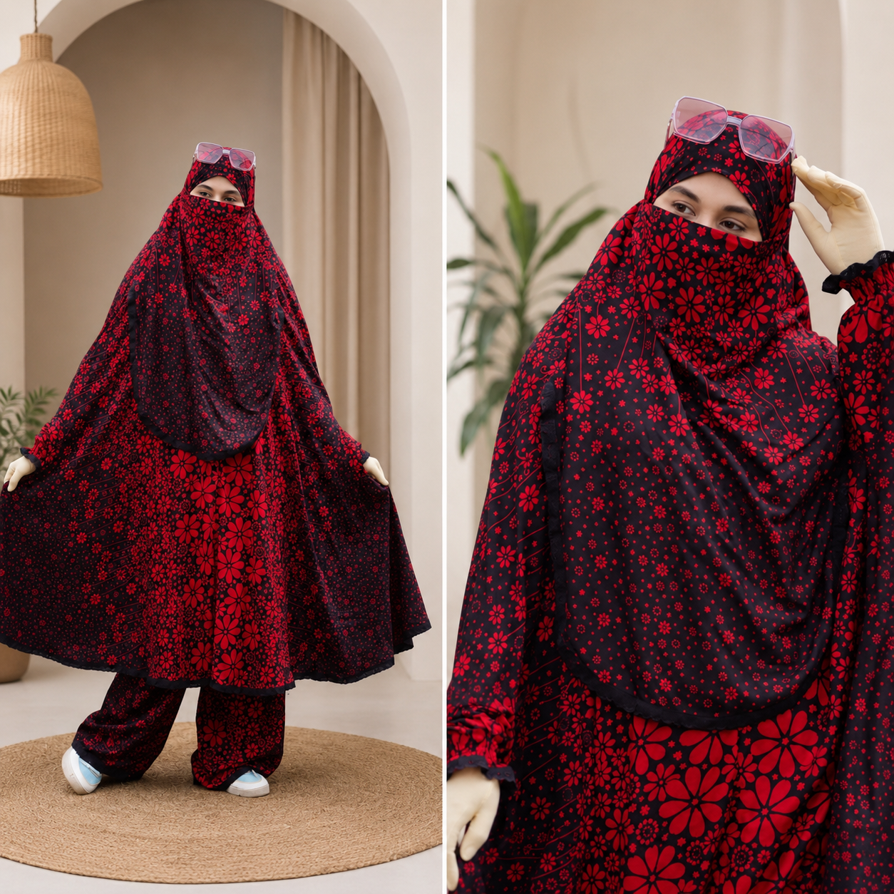 Premium Crimson Floral Khimar & Pant Set