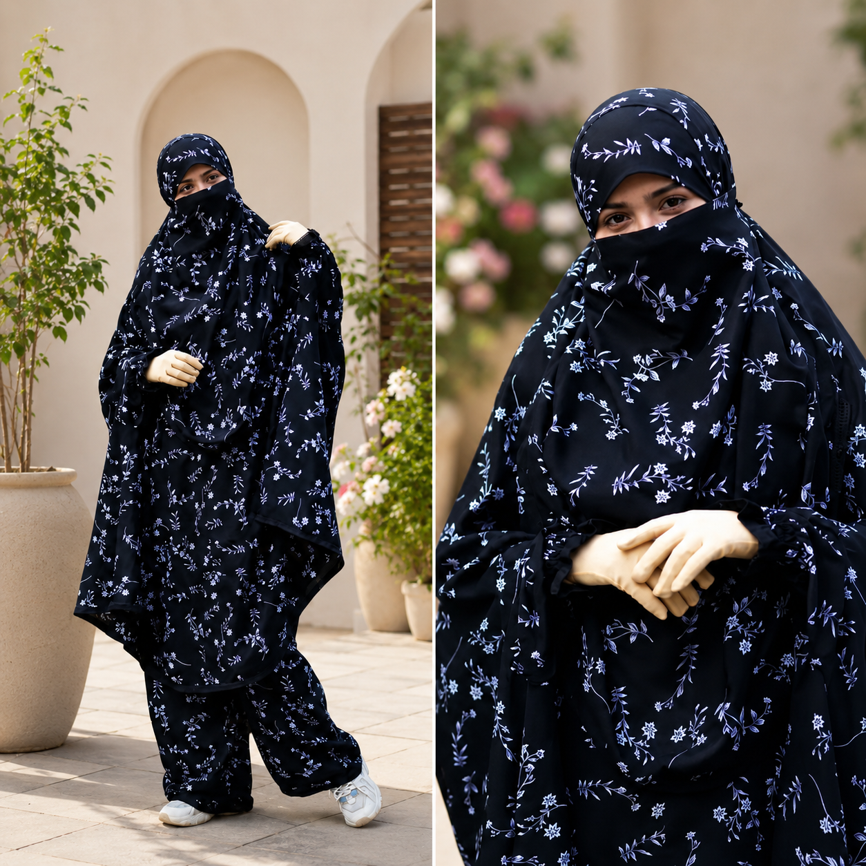 Premium Midnight Blossom Khimar & Pant Set