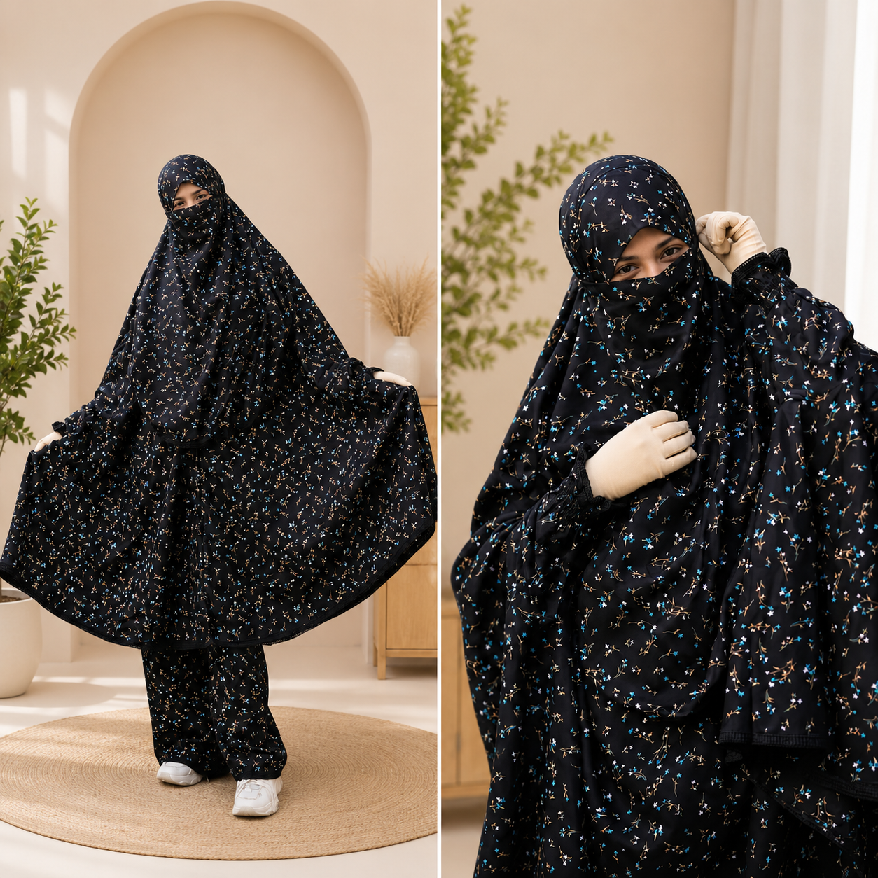Premium Azure Blossom Khimar & Pant Set
