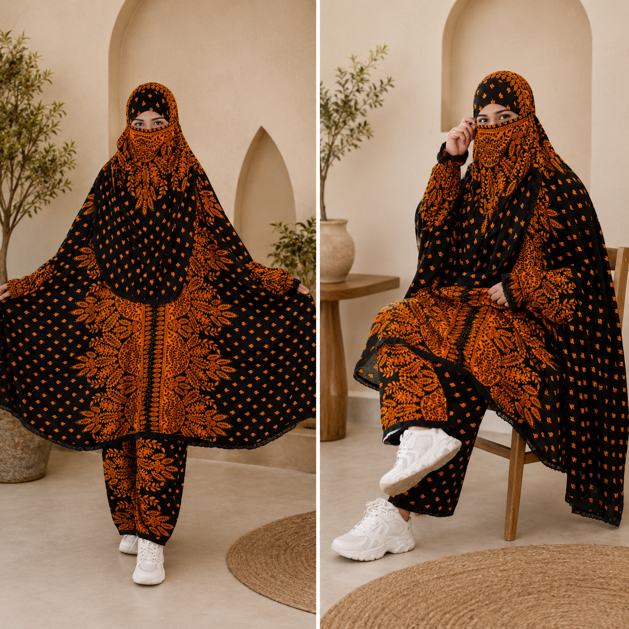 Premium Amber Blossom Khimar & Pant Set