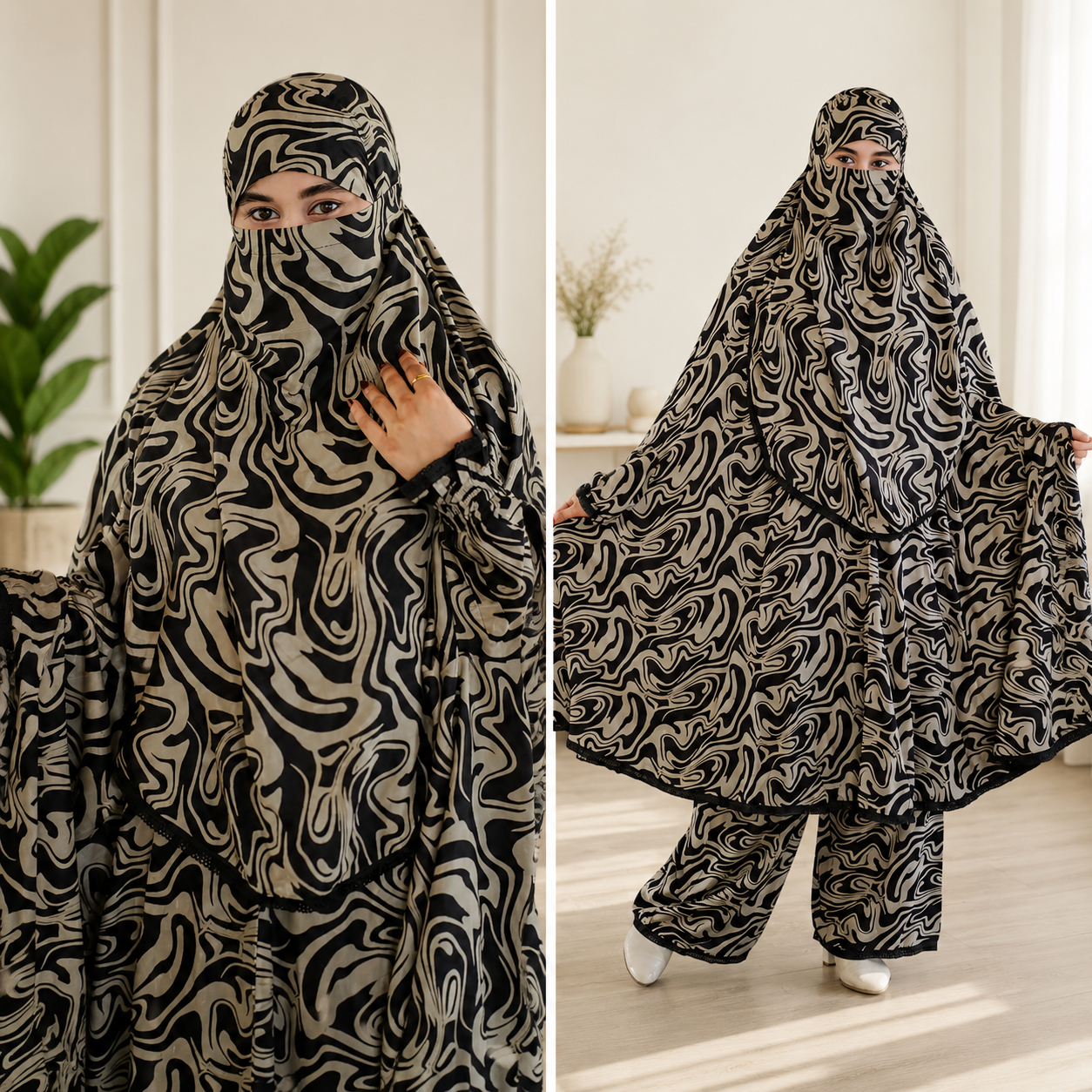 Premium Marble Wave Khimar & Pant Set