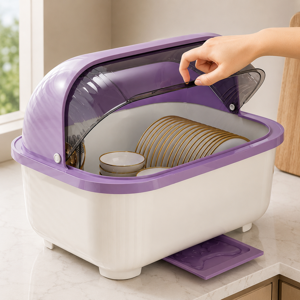 Premium Dustproof Covered Dish Drying Rack with Drain Tray